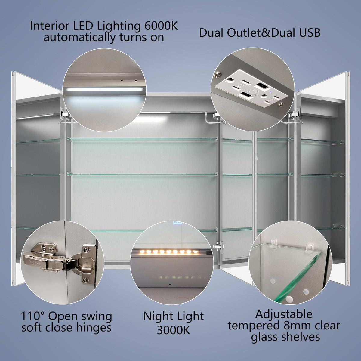 ExBrite 48-in x 36-in Lighted LED Fog Free Surface/Recessed Mount Silver Mirrored Soft Close Medicine Cabinet with Outlet