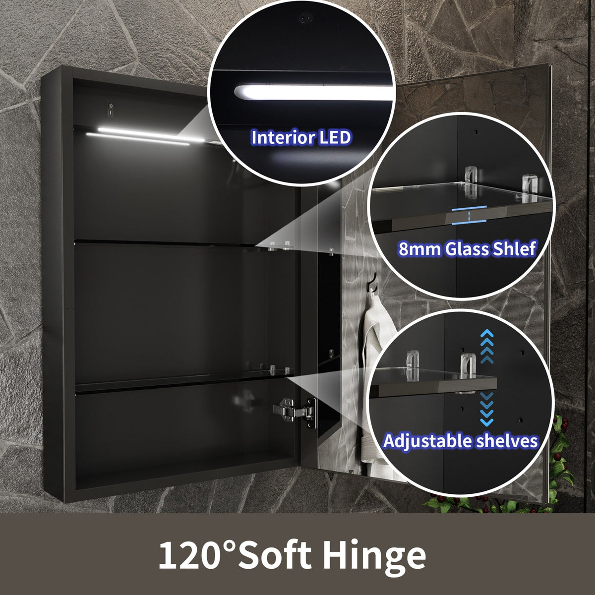 ExBrite 20-in x 30-in Lighted LED Fog Free Surface/Recessed Mount Matte Black Mirrored Soft Close Medicine Cabinet with Outlet
