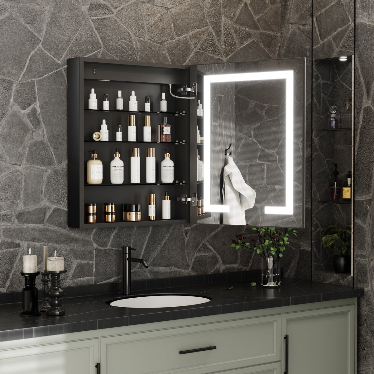 ExBrite 24-in x 30-in Lighted LED Fog Free Surface/Recessed Mount Matte Black Mirrored Soft Close Medicine Cabinet with Outlet