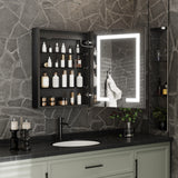 ExBrite 24-in x 30-in Lighted LED Fog Free Surface/Recessed Mount Matte Black Mirrored Soft Close Medicine Cabinet with Outlet