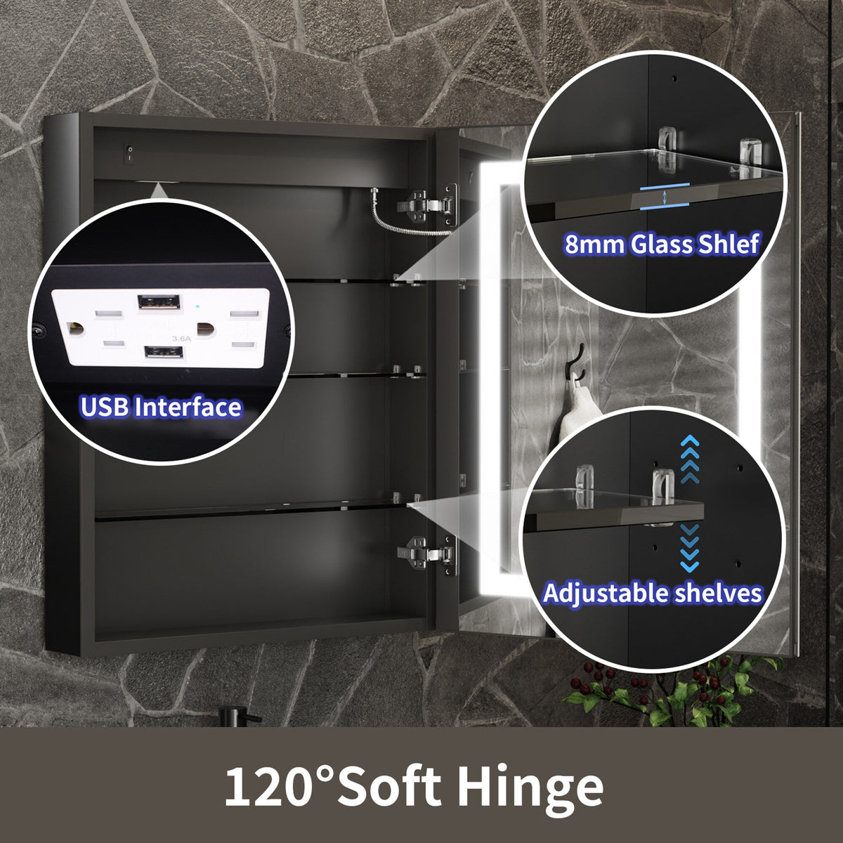 ExBrite 24-in x 30-in Lighted LED Fog Free Surface/Recessed Mount Matte Black Mirrored Soft Close Medicine Cabinet with Outlet