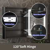 ExBrite 24-in x 30-in Lighted LED Fog Free Surface/Recessed Mount Matte Black Mirrored Soft Close Medicine Cabinet with Outlet