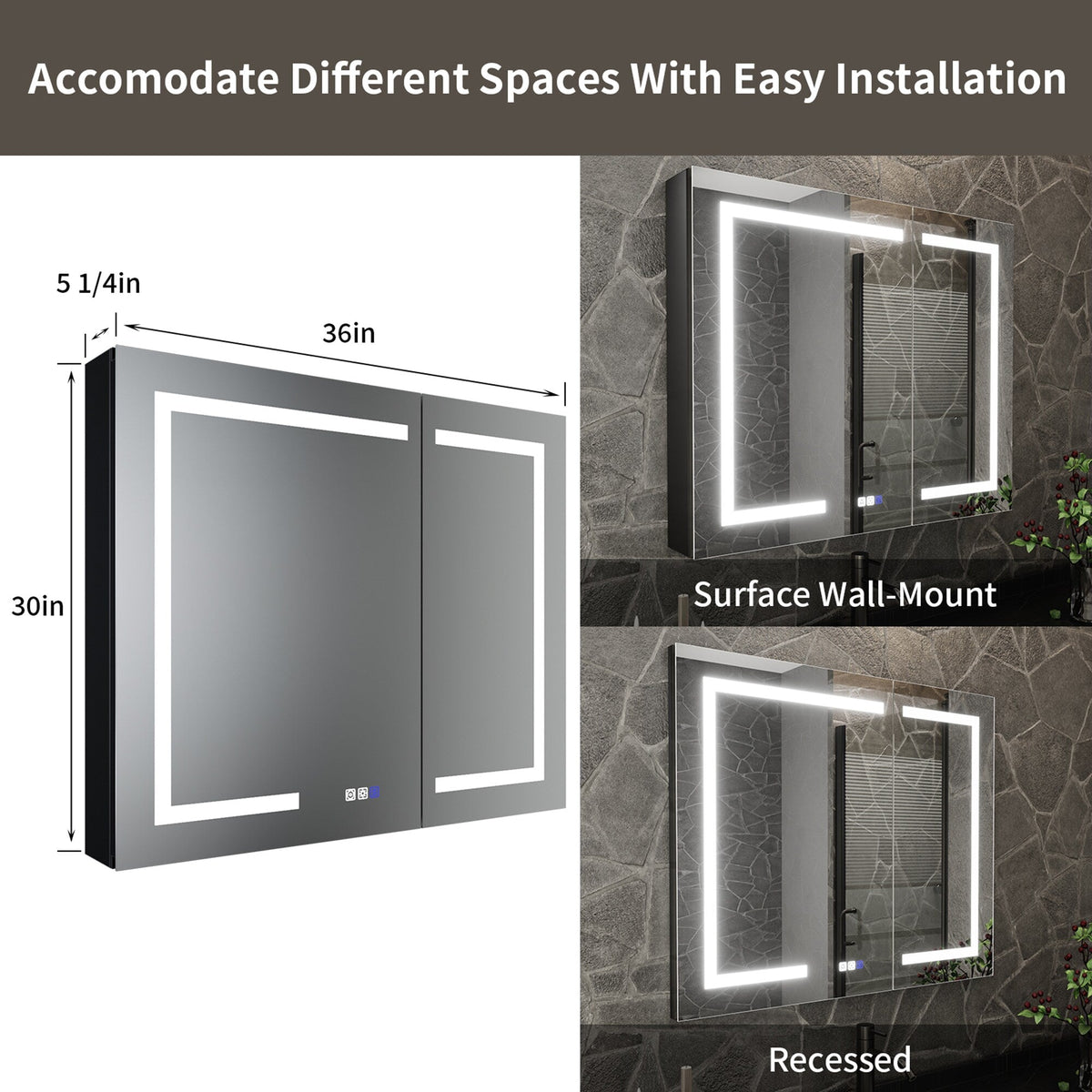 ExBrite 36-in x 30-in Lighted LED Fog Free Surface/Recessed Mount Matte Black Mirrored Soft Close Medicine Cabinet with Outlet