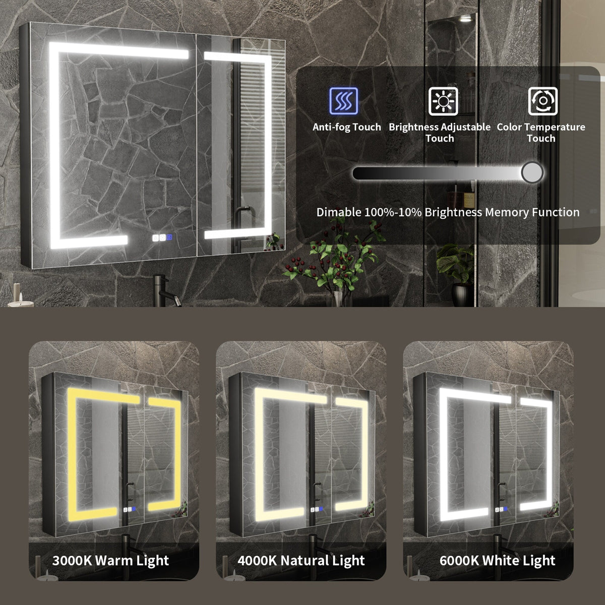 ExBrite 36-in x 30-in Lighted LED Fog Free Surface/Recessed Mount Matte Black Mirrored Soft Close Medicine Cabinet with Outlet