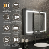 ExBrite 36-in x 30-in Lighted LED Fog Free Surface/Recessed Mount Matte Black Mirrored Soft Close Medicine Cabinet with Outlet