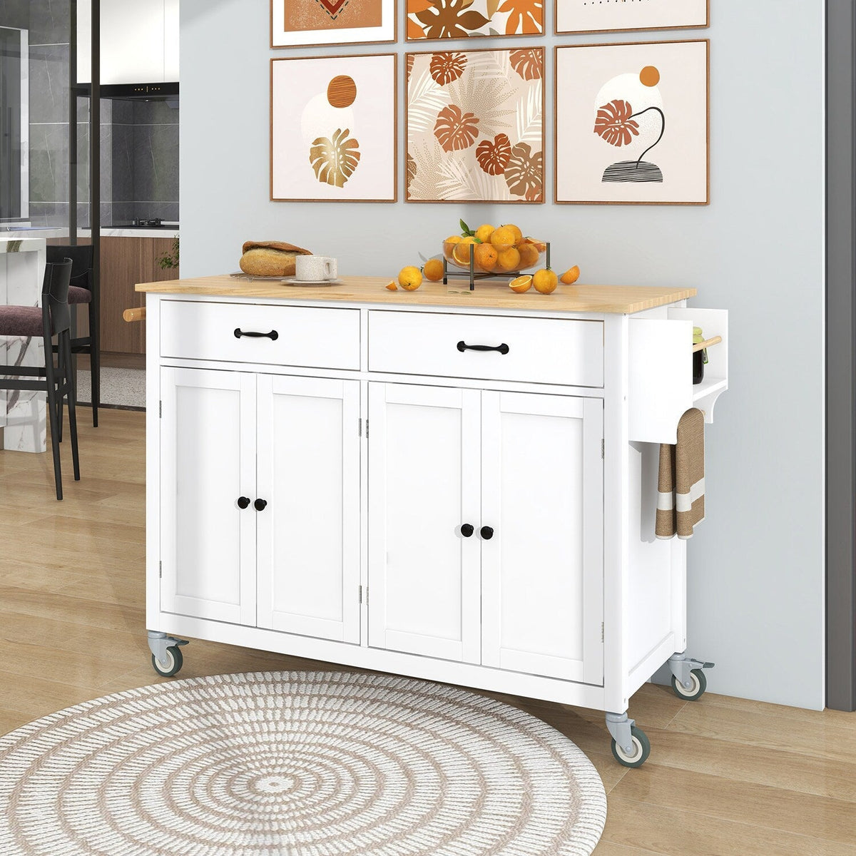 Bybafun White Mdf Base with Wood Top Rolling Kitchen Cart (18.5-in x 54.33-in x 36.22-in)