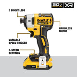 DEWALT XR 20-Volt MAX Brushless 1/4-in 3-Speed Cordless Impact Driver Kit, 2 x 2.0Ah Batteries, Charger & Hard Case