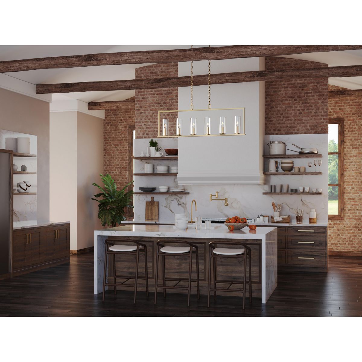 Progress Lighting Glennaire 6-Light Brushed Gold Modern/Contemporary Clear Glass Linear Large Hanging Kitchen Island Light
