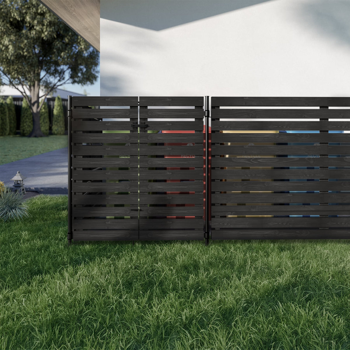 YARDLINK 3.8-ft x 3.5-ft Black Flat-top Board-on-board No Dig Decorative Wood Fence Gate