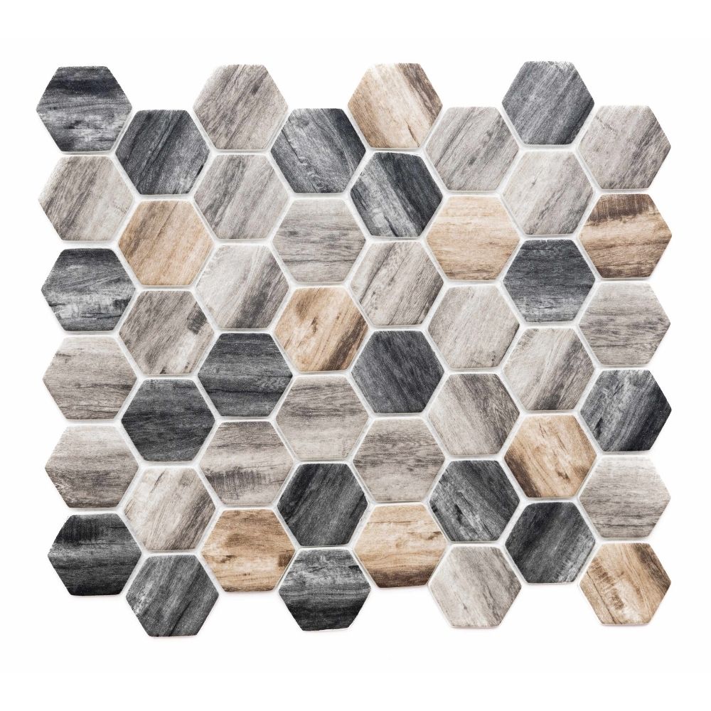 The Tile Life Honeycomb Greige 2-in x 2-in Matte Glass Wood look Hexagon Mosaic Wall Tile product image