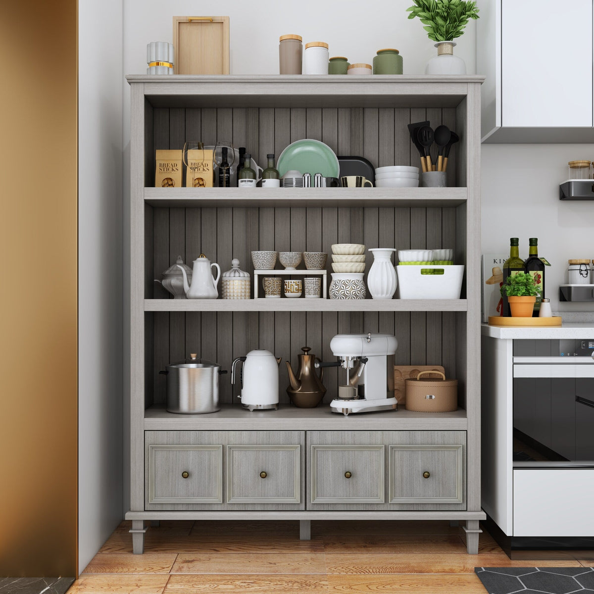 FUFU&GAGA Rustic Gray Kitchen Pantry Cabinet with 3 Shelves and 4 Drawers - Country/Cottage Style