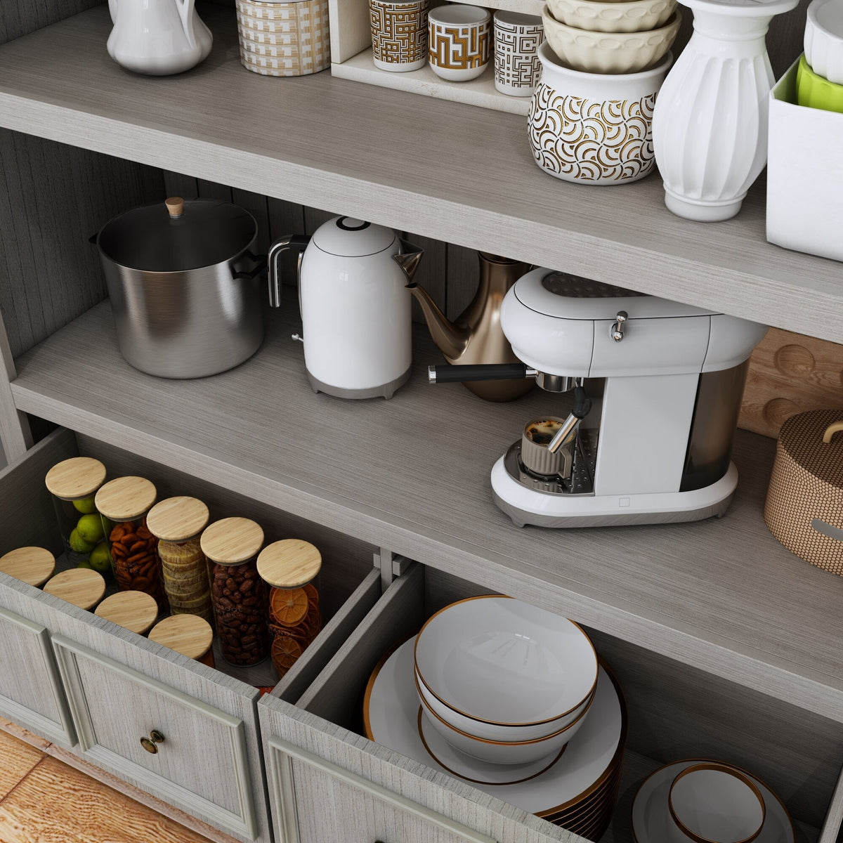FUFU&GAGA Rustic Gray Kitchen Pantry Cabinet with 3 Shelves and 4 Drawers - Country/Cottage Style