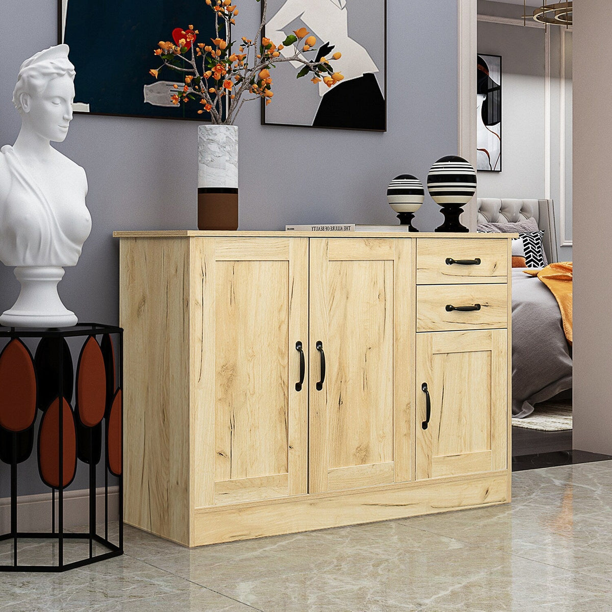 SINOFURN Oak Buffet Sideboard with 3 Doors and 2 Drawers, Rustic Style, Easy Assembly, Multi-Purpose Storage Cabinet