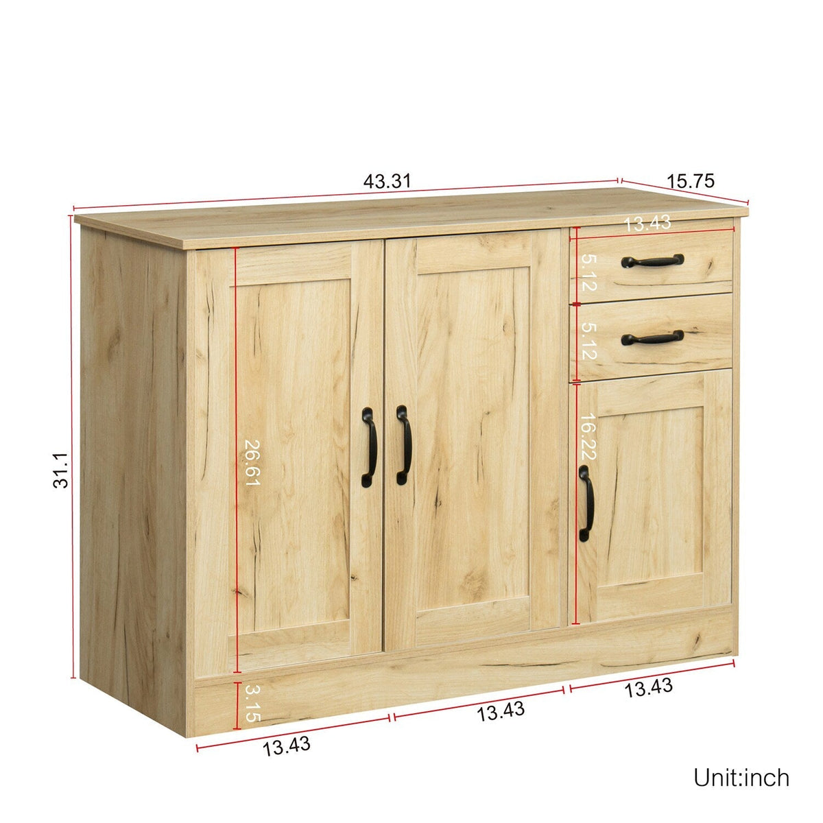 SINOFURN Oak Buffet Sideboard with 3 Doors and 2 Drawers, Rustic Style, Easy Assembly, Multi-Purpose Storage Cabinet