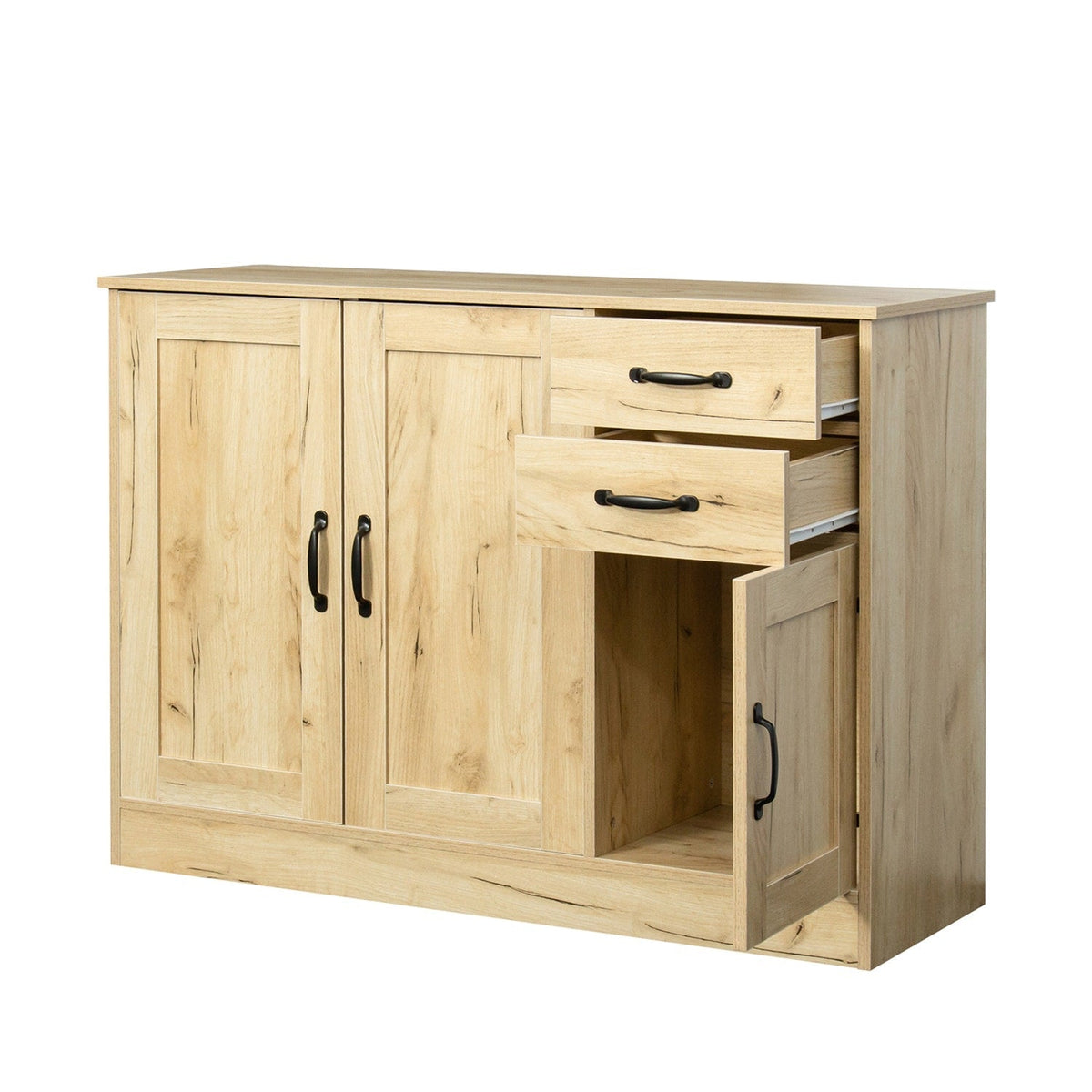 SINOFURN Oak Buffet Sideboard with 3 Doors and 2 Drawers, Rustic Style, Easy Assembly, Multi-Purpose Storage Cabinet