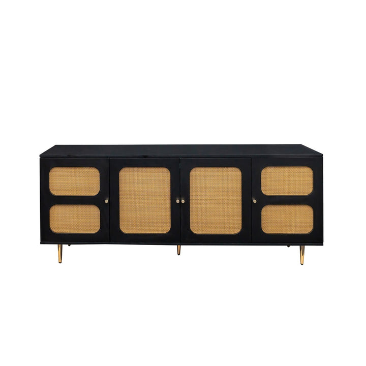 SINOFURN Black Farmhouse Sideboard Buffet Cabinet with 4 Rattan Doors, Spacious Desktop, and Adjustable Shelves - Casual, Practical Design