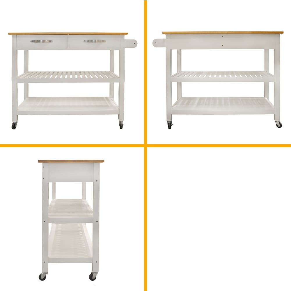Miki Shinly White Mdf Base with Wood Top Rolling Kitchen Island (17-in x 35-in x 45-in)