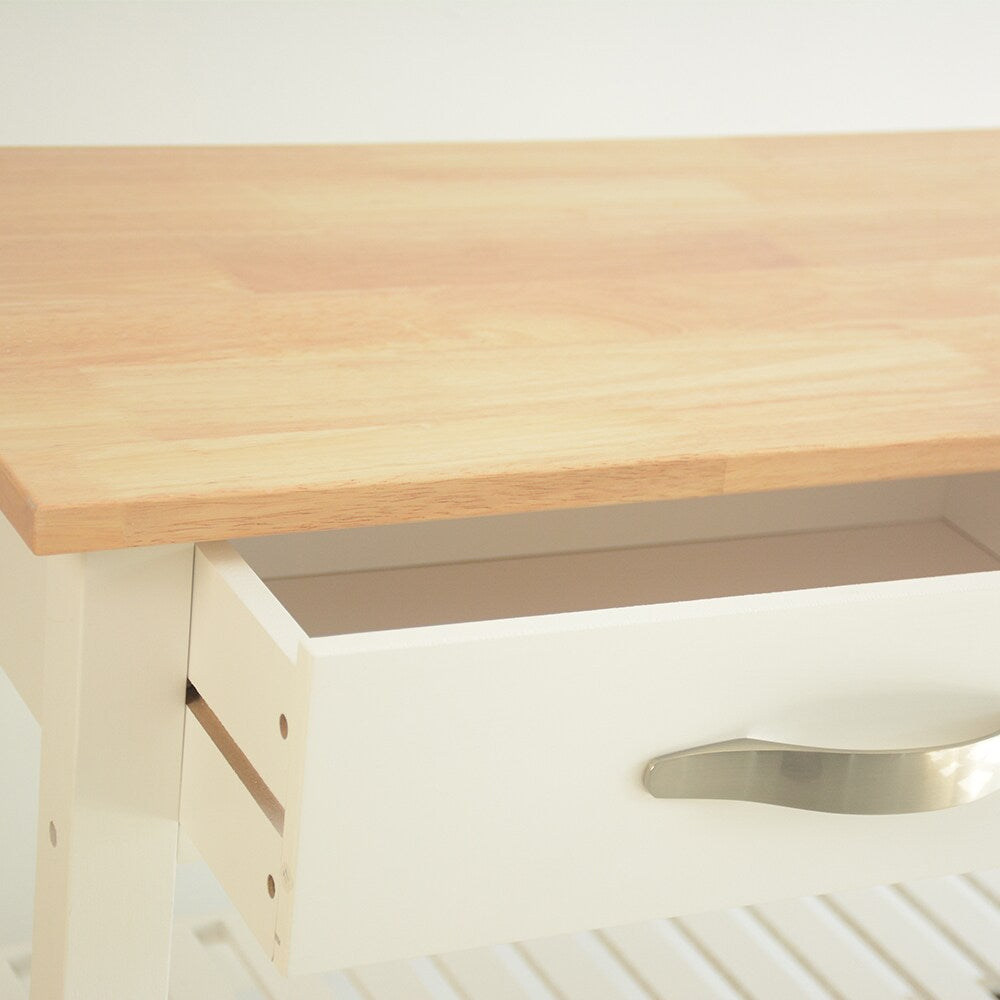 Miki Shinly White Mdf Base with Wood Top Rolling Kitchen Island (17-in x 35-in x 45-in)