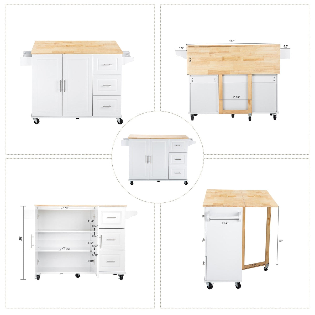 Miki Shinly White Mdf Base with Mdf Top Rolling Kitchen Island (17-in x 53.93-in x 36.22-in)