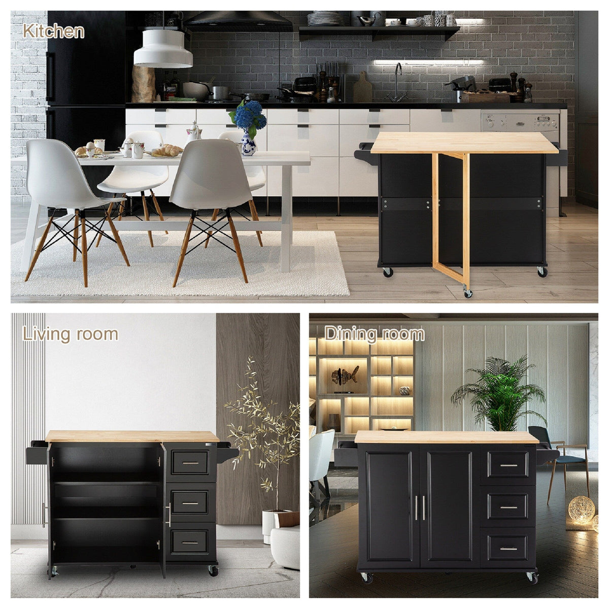 Miki Shinly Black Mdf Base with Mdf Top Rolling Kitchen Island (17-in x 53.93-in x 36.22-in)