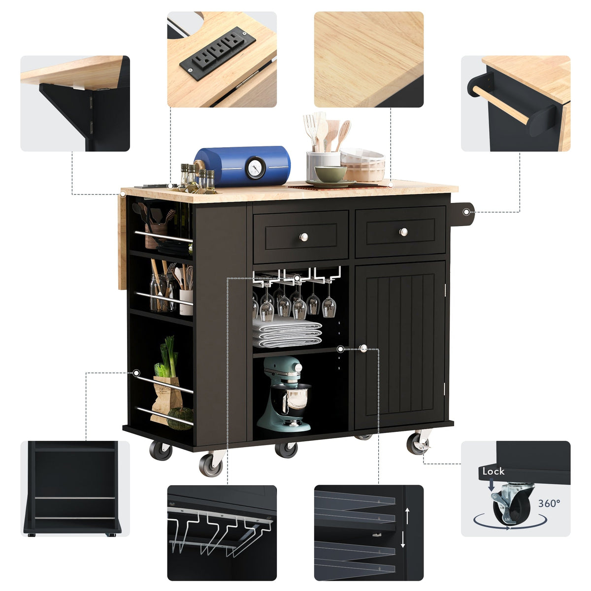 Miki Shinly Black Mdf Base with Mdf Top Rolling Kitchen Island (29.33-in x 39.8-in x 33.7-in)