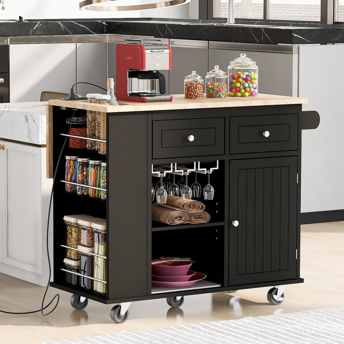 Miki Shinly Black Mdf Base with Mdf Top Rolling Kitchen Island (29.33-in x 39.8-in x 33.7-in)
