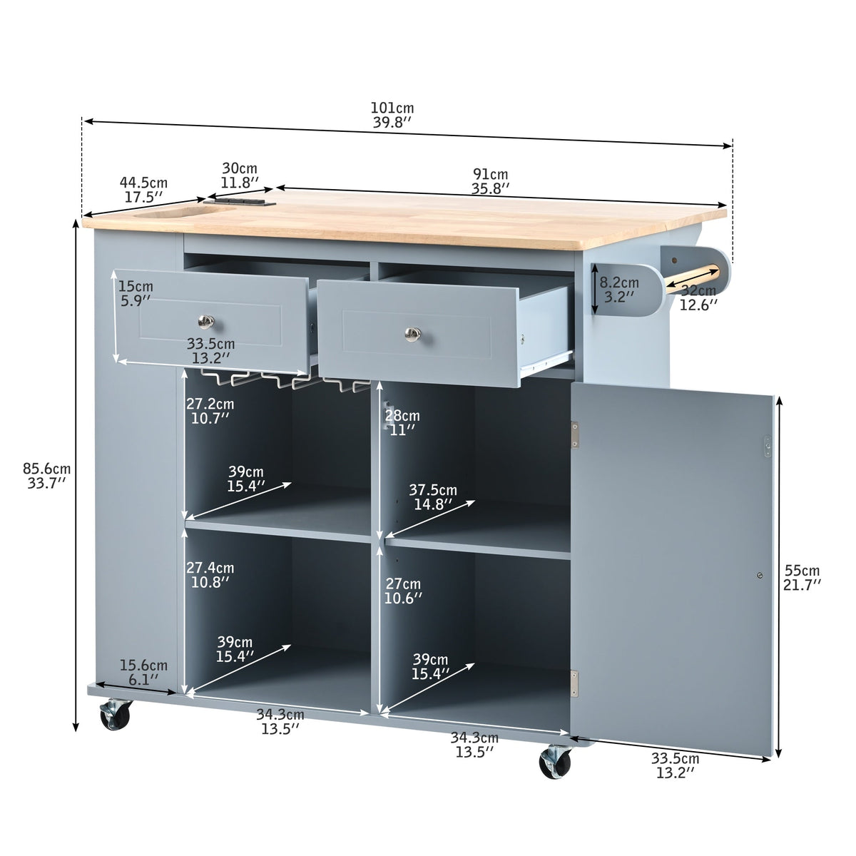 Miki Shinly Blue Mdf Base with Mdf Top Rolling Kitchen Island (29.33-in x 39.8-in x 33.7-in)