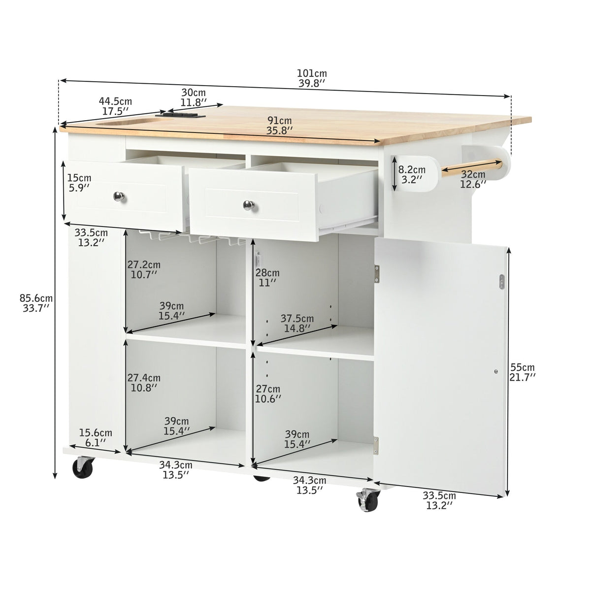 Miki Shinly White Mdf Base with Mdf Top Rolling Kitchen Island (18.1-in x 50.8-in x 36.2-in)