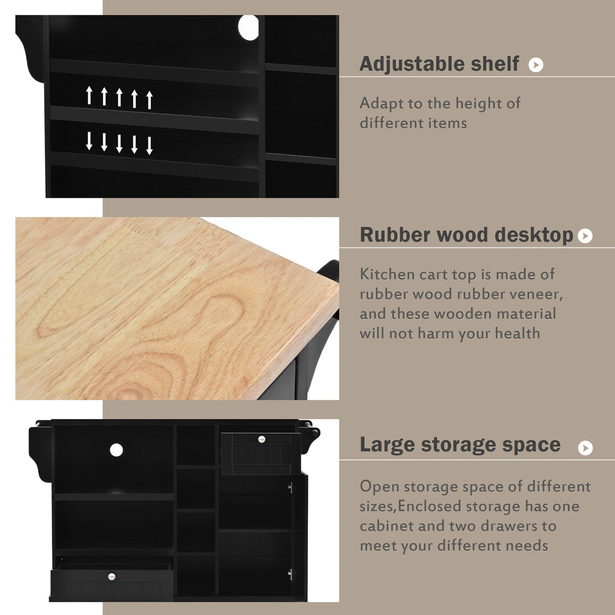 Miki Shinly Black Mdf Base with Mdf Top Rolling Kitchen Island (22.83-in x 50.8-in x 9.06-in)