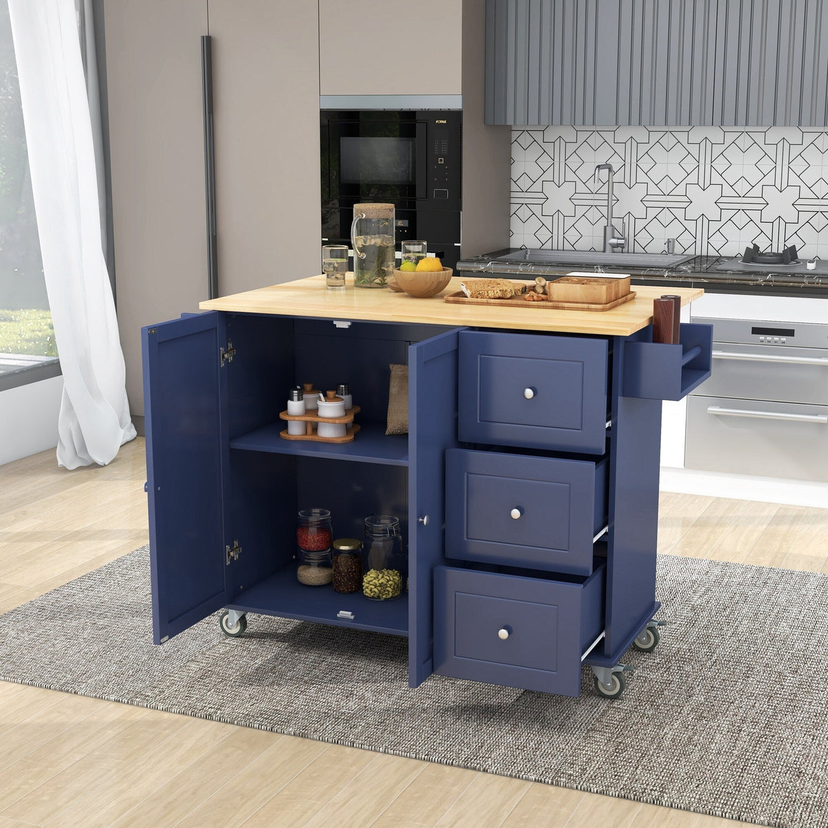 Miki Shinly Blue Mdf Base with Mdf Top Rolling Kitchen Island (18.1-in x 50.8-in x 36.2-in)