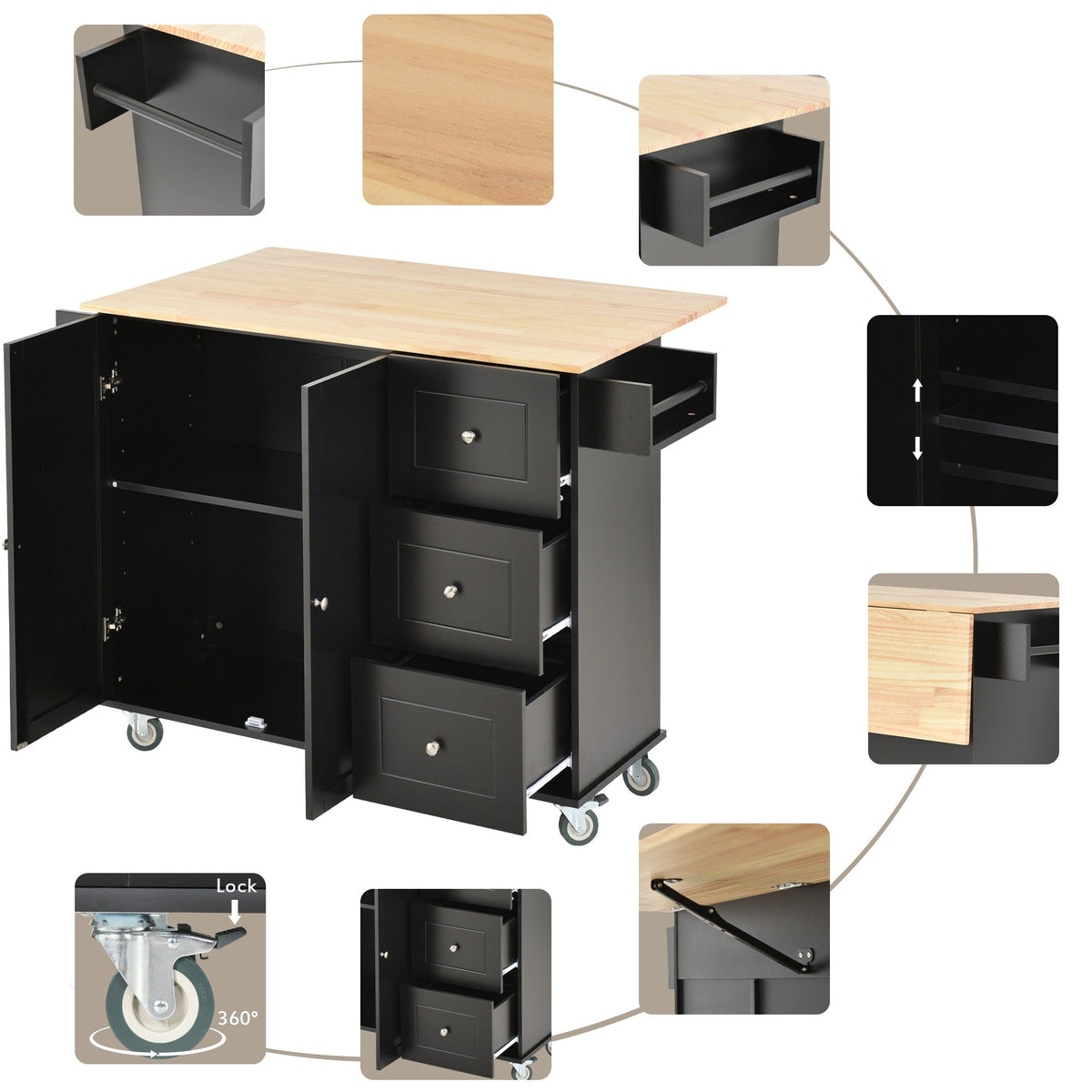 Miki Shinly Black Mdf Base with Mdf Top Rolling Kitchen Island (29.5-in x 52.76-in x 36.81-in)