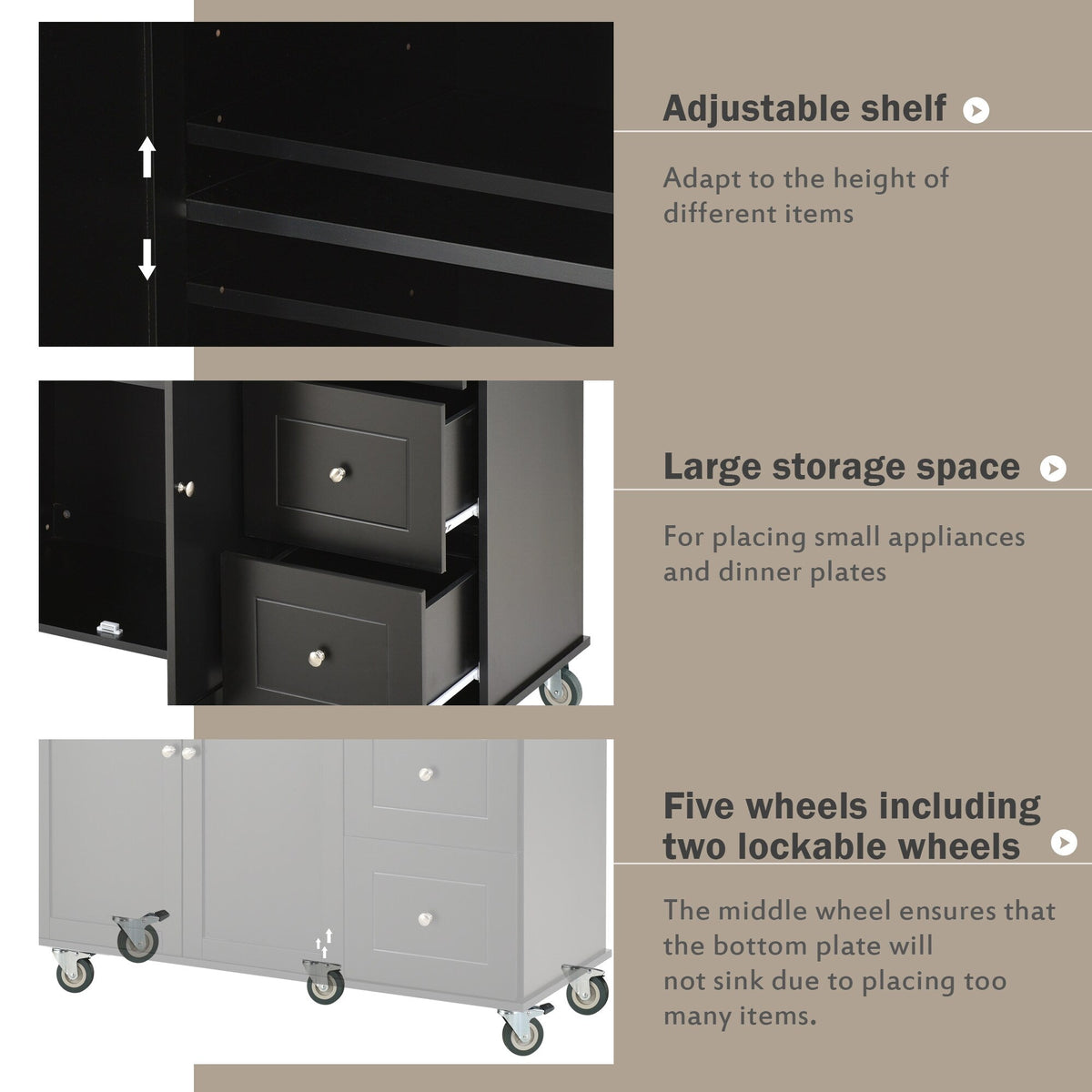 Miki Shinly Black Mdf Base with Mdf Top Rolling Kitchen Island (29.5-in x 52.76-in x 36.81-in)