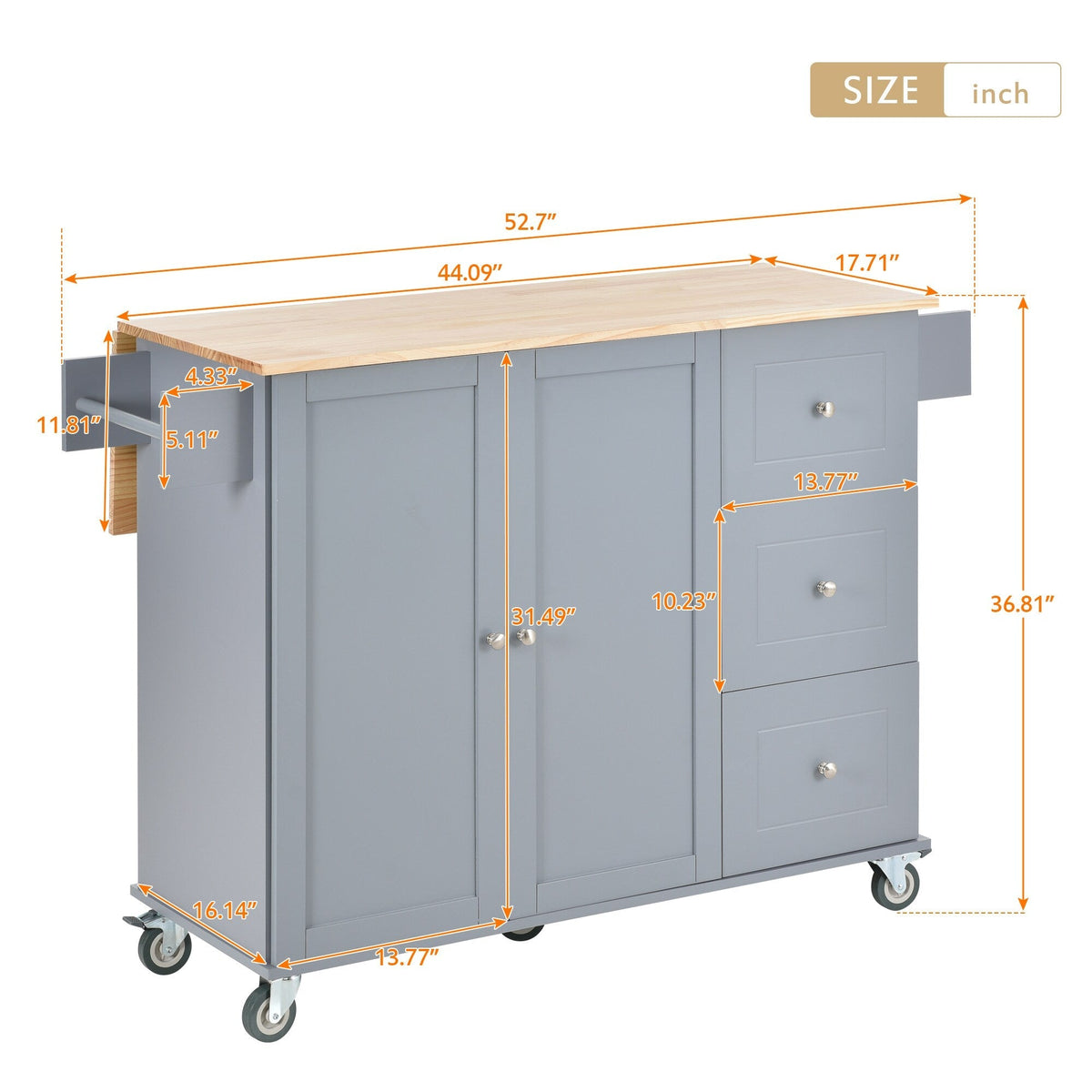 Miki Shinly Gray Mdf Base with Mdf Top Rolling Kitchen Island (29.5-in x 52.76-in x 36.81-in)