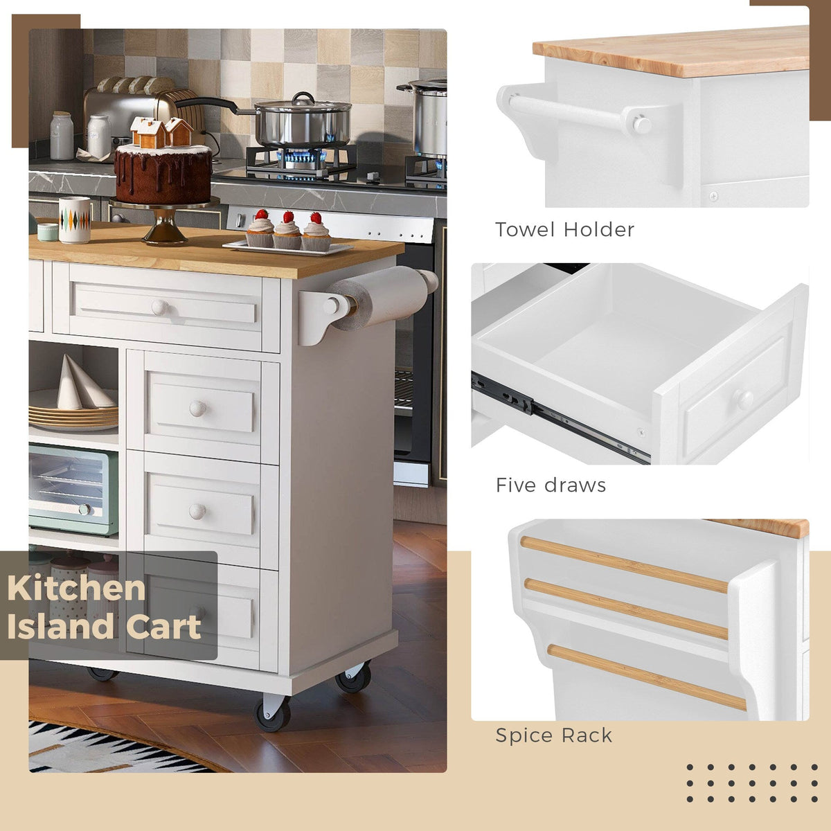 Miki Shinly White Mdf Base with Mdf Top Rolling Kitchen Island (29.5-in x 52.76-in x 36.81-in)