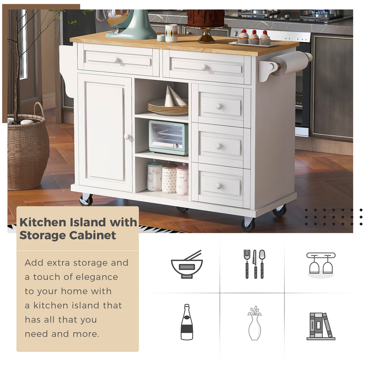 Miki Shinly White Mdf Base with Mdf Top Rolling Kitchen Island (29.5-in x 52.76-in x 36.81-in)