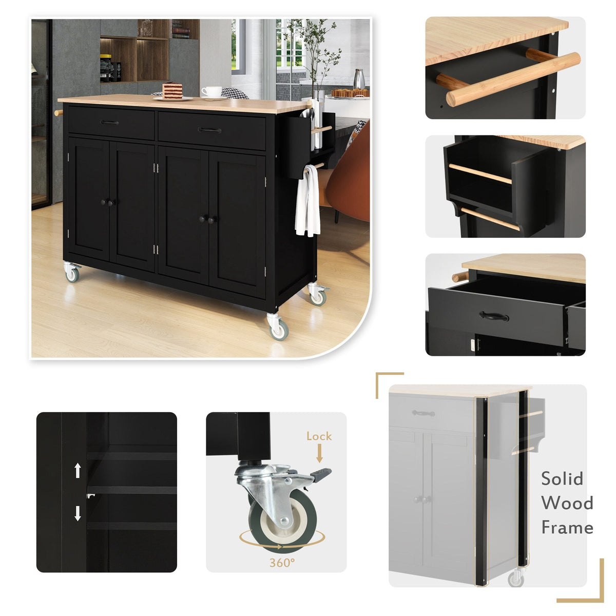 Miki Shinly Black Mdf Base with Mdf Top Rolling Kitchen Island (18.5-in x 36.22-in x 54.33-in)