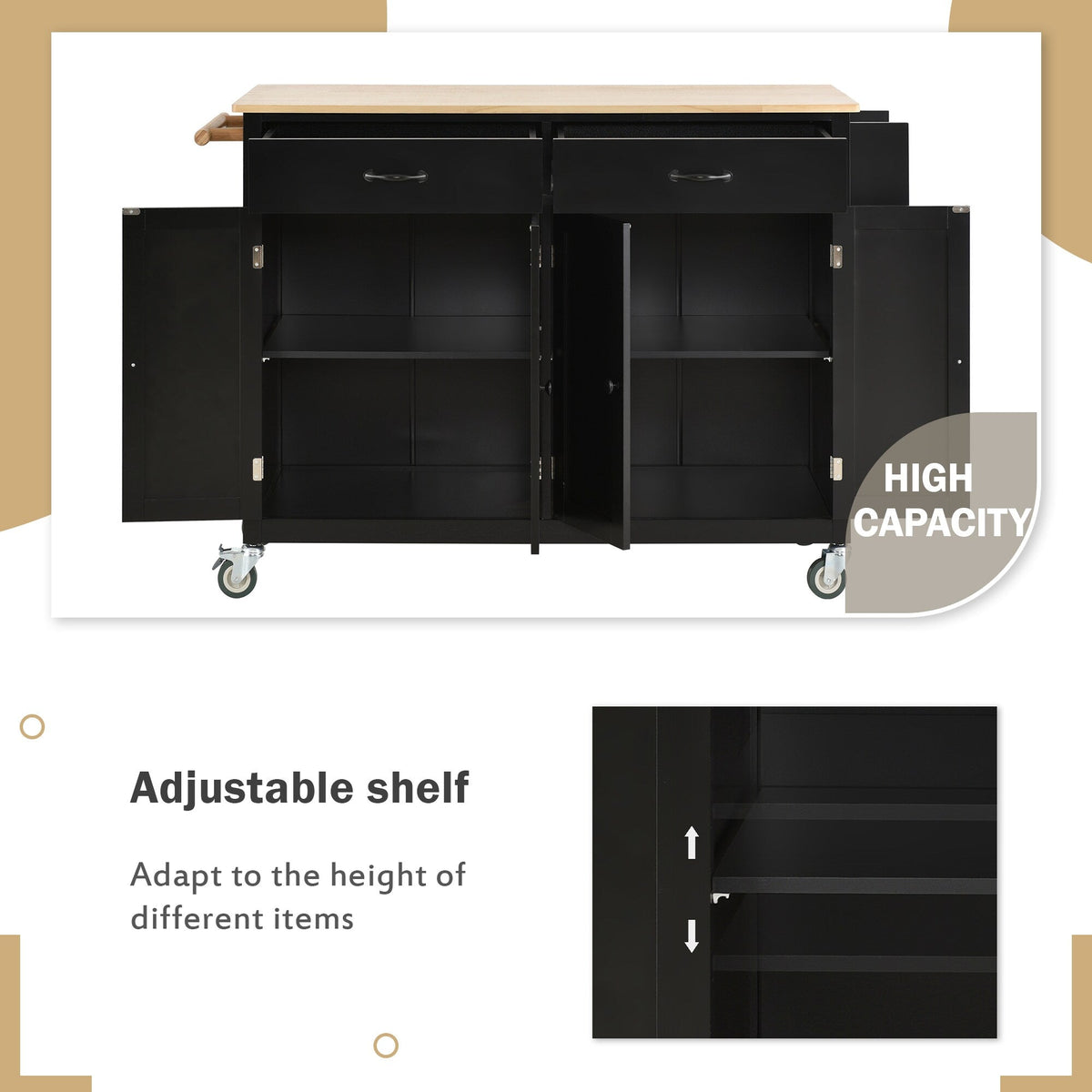 Miki Shinly Black Mdf Base with Mdf Top Rolling Kitchen Island (18.5-in x 36.22-in x 54.33-in)