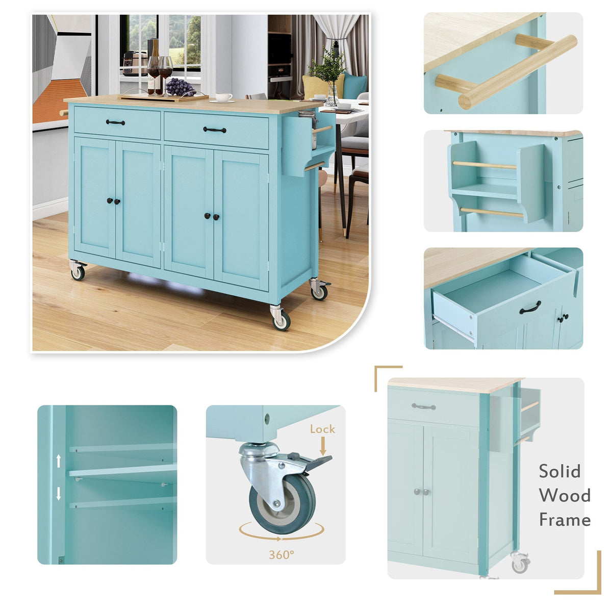 Miki Shinly Blue Mdf Base with Mdf Wood Top Rolling Kitchen Island (18.5-in x 54.33-in x 36.22-in)