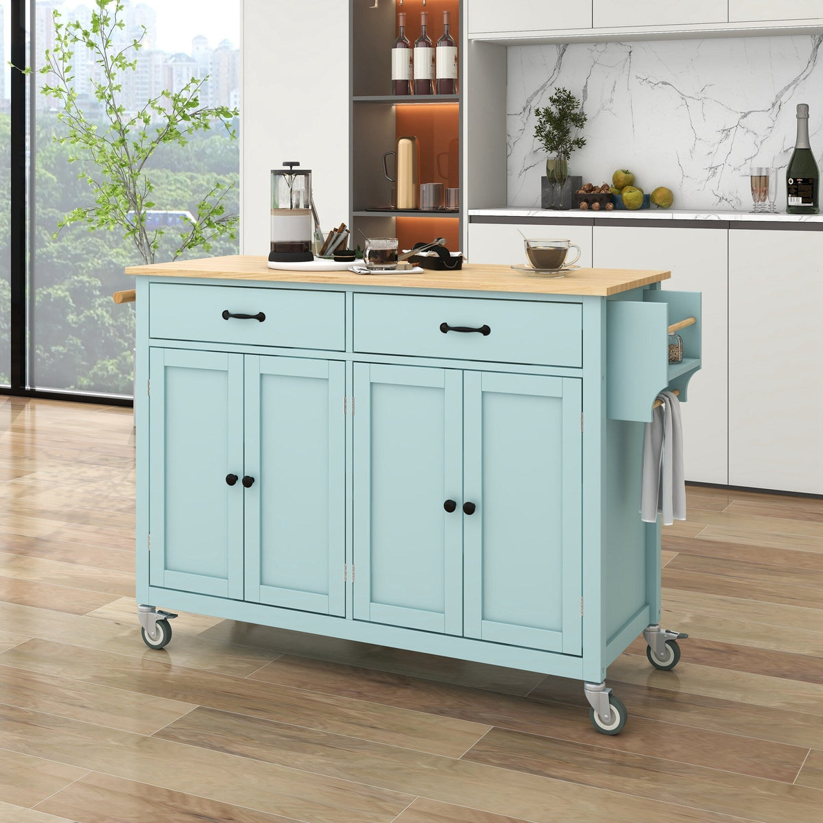 Miki Shinly Blue Mdf Base with Mdf Wood Top Rolling Kitchen Island (18.5-in x 54.33-in x 36.22-in)