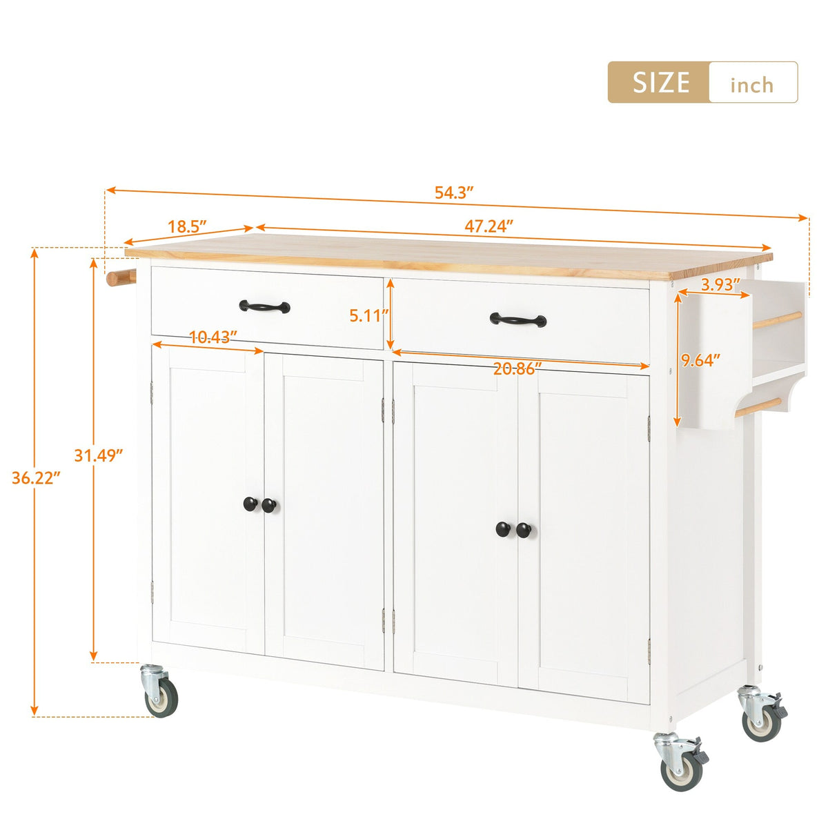 Miki Shinly White Mdf Base with Wood Top Rolling Kitchen Island (18.5-in x 54.33-in x 36.22-in)