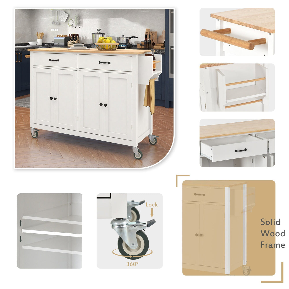 Miki Shinly White Mdf Base with Wood Top Rolling Kitchen Island (18.5-in x 54.33-in x 36.22-in)
