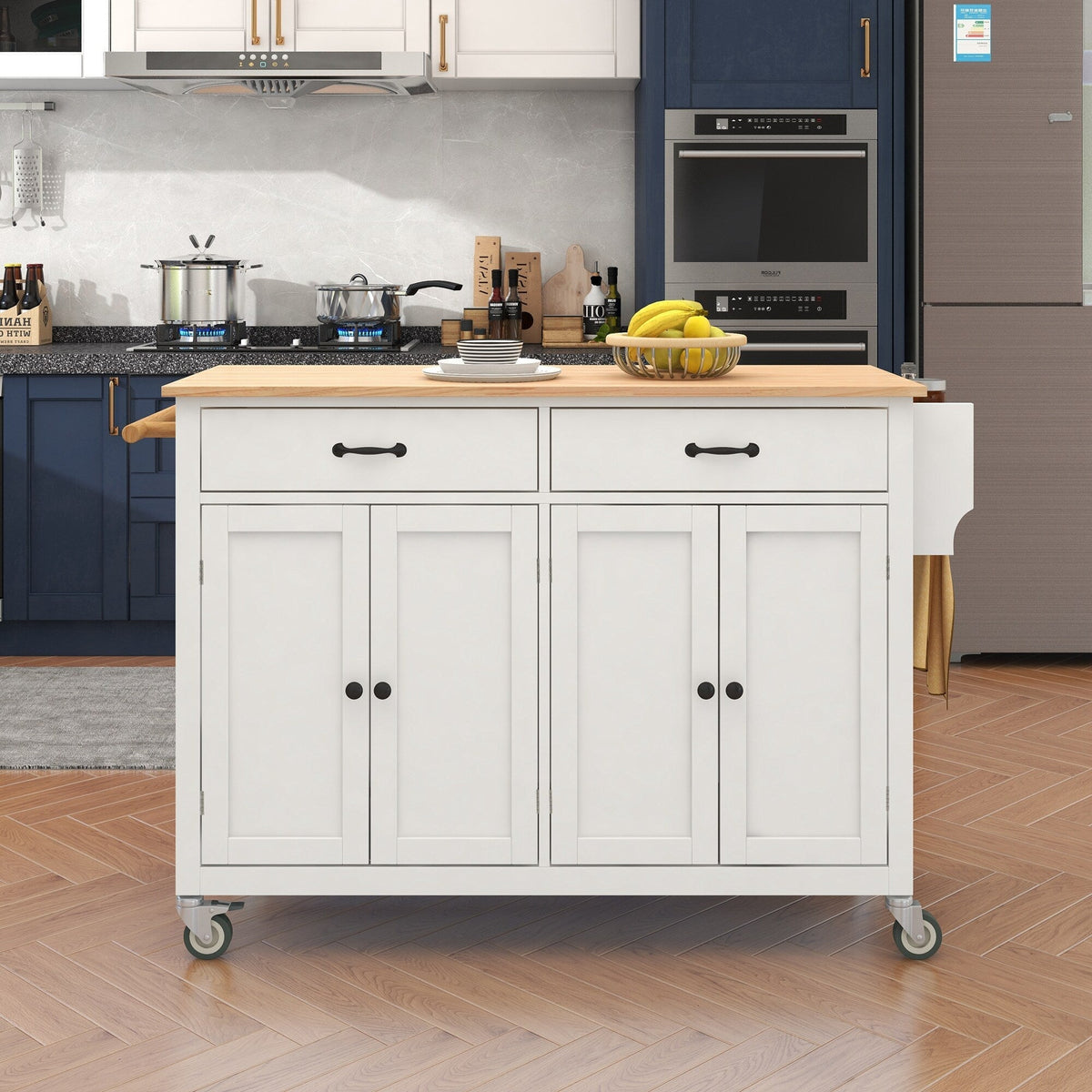 Miki Shinly White Mdf Base with Wood Top Rolling Kitchen Island (18.5-in x 54.33-in x 36.22-in)