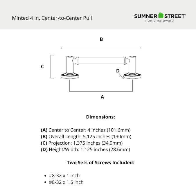 Sumner Street Home Hardware Minted 4-in (102mm) Center to Center Satin Brass Cylindrical Bar Drawer Pull