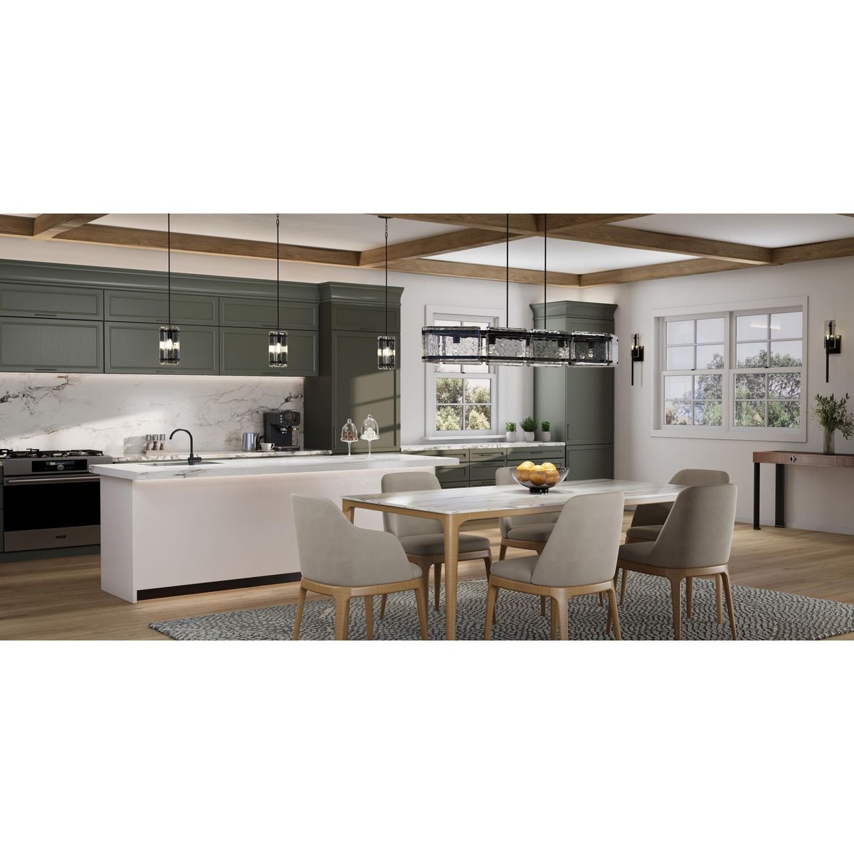 Progress Lighting Rivera 5-Light Matte Black Craftsman Textured Glass Linear Large Hanging Kitchen Island Light