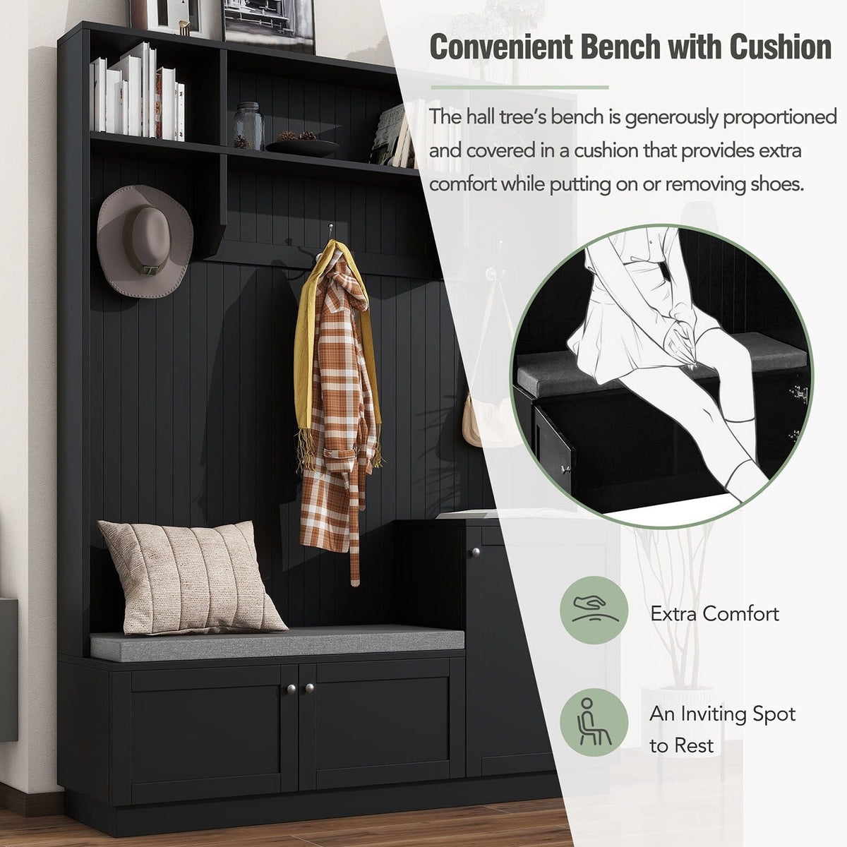 SINOFURN Modern 59-in Black Wood Hall Tree