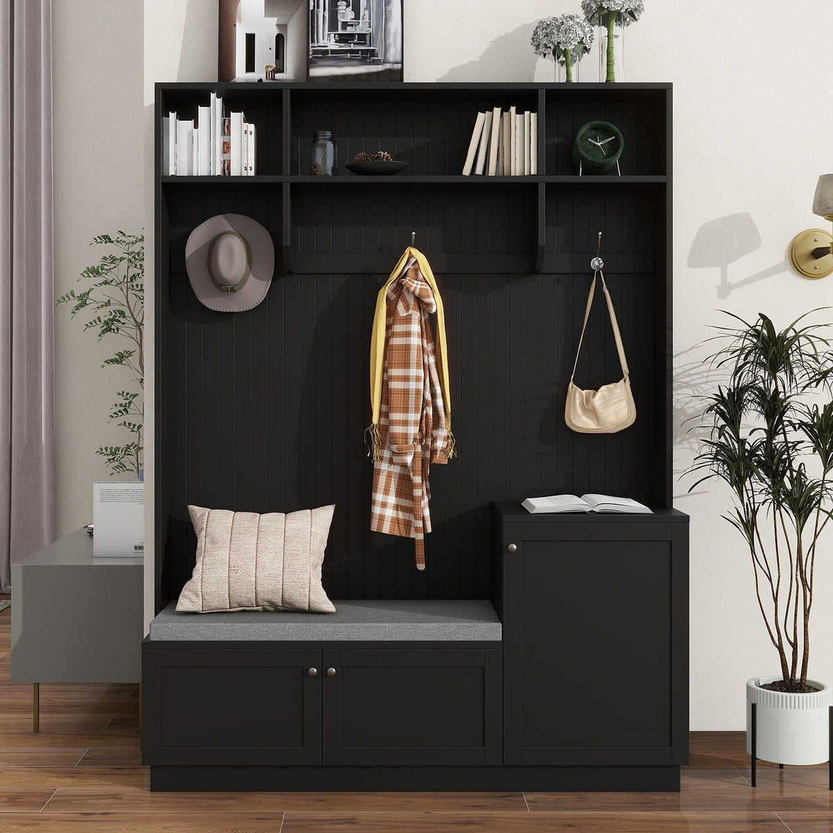 SINOFURN Modern 59-in Black Wood Hall Tree