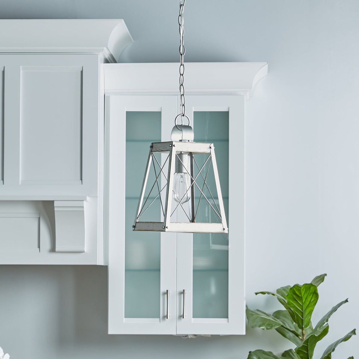 Progress Lighting Bradberry Antique White with Galvanized Accents Farmhouse Lantern Pendant Light, 9.125-in W x 16.875-in H
