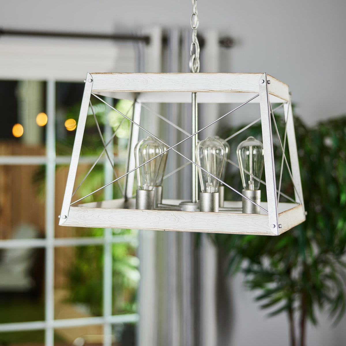Progress Lighting Bradberry 5-Light Antique White with Galvanized Accents Farmhouse Lantern Pendant Light, 18.12-in