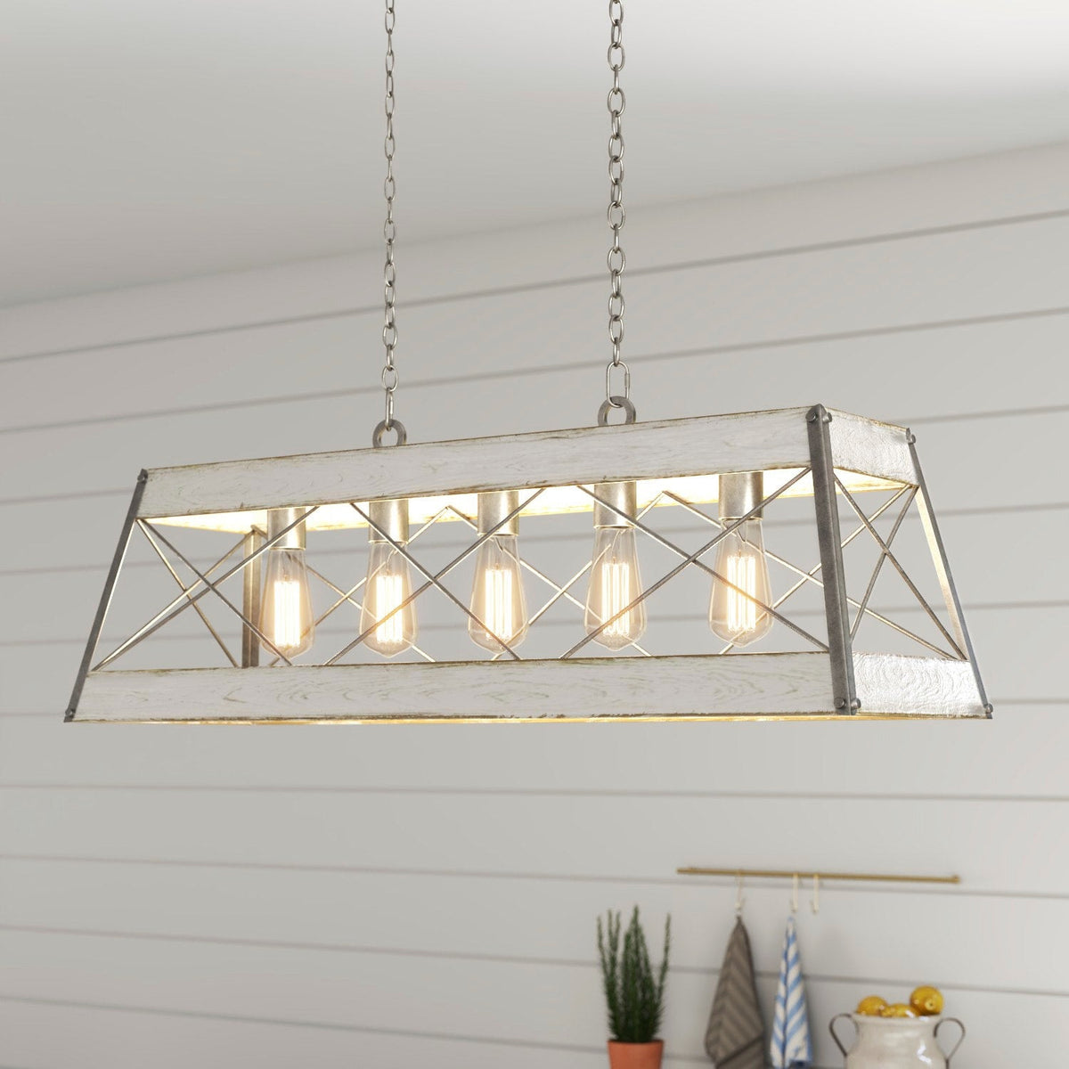 Progress Lighting Bradberry 5-Light Antique White with Galvanized Accents Linear Chandelier, 33.62-in