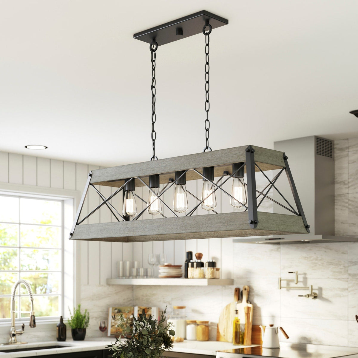 Progress Lighting Bradberry 5-Light Weathered Oak and Graphite Farmhouse Linear Large Hanging Kitchen Island Light